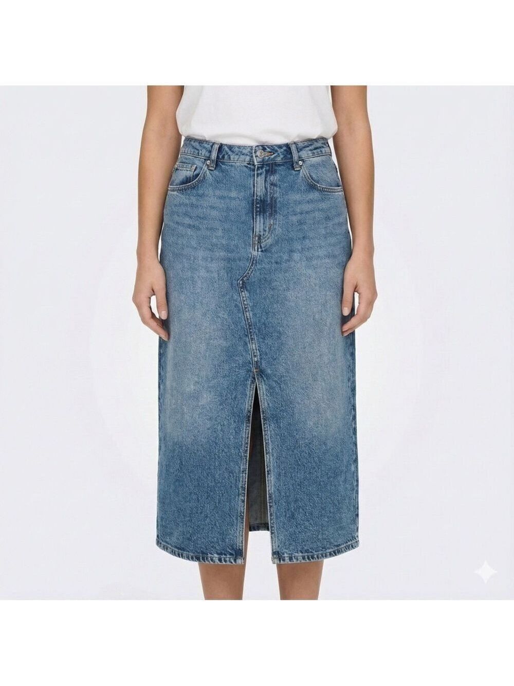 R JEANS Cotton Blend Split Front 5 Pocket Denim Midi Skirt Med Wash US Sz 36